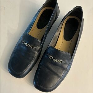 Trotters Navy Leather Loafers with Silver Accent
